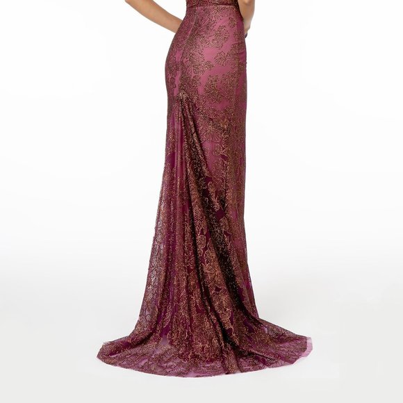 NEW LONG SLEEVELESS OFF THE SHOULDER SATIN DRESS EMBROIDERED WITH GLITTER GL2989 - Picture 12 of 12